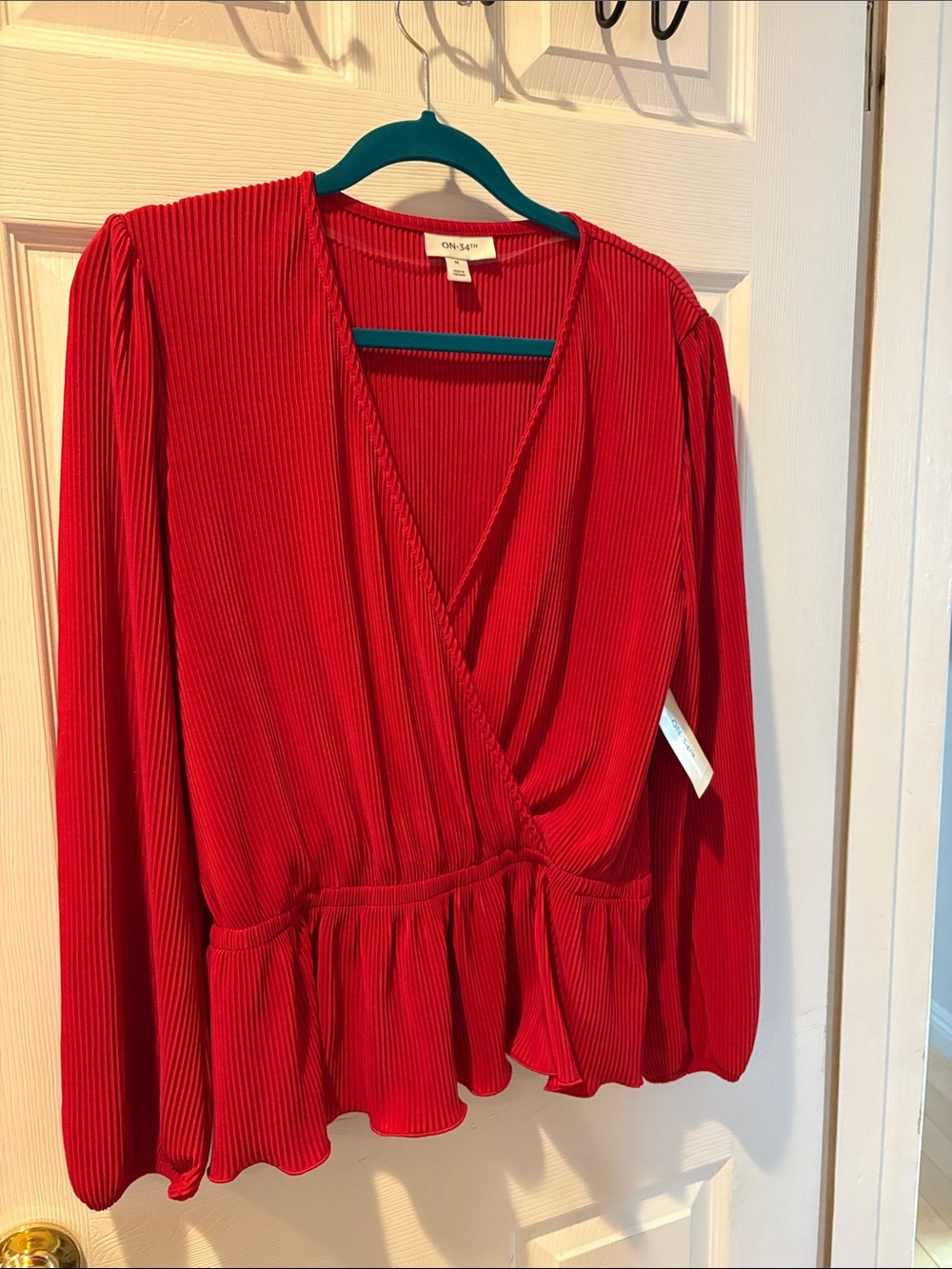 Red Pleated Wrap Peplum Blouse